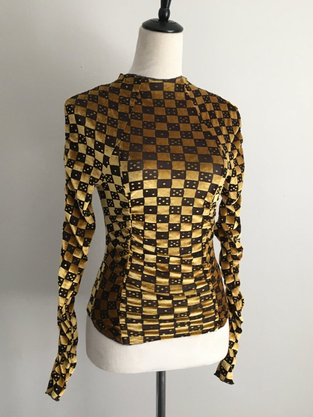 URBAN OUTFITTERS Black Gold Velvet Check Dice Mock Neck Long Ruched Sleeve Shirt